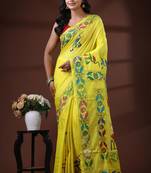 Yellow silk blend kantha saree with hand-embroidered nakshi pallu