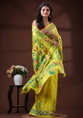 Yellow silk blend kantha saree with hand-embroidered nakshi pallu 2