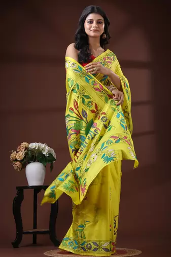 Yellow silk blend kantha saree with hand-embroidered nakshi pallu