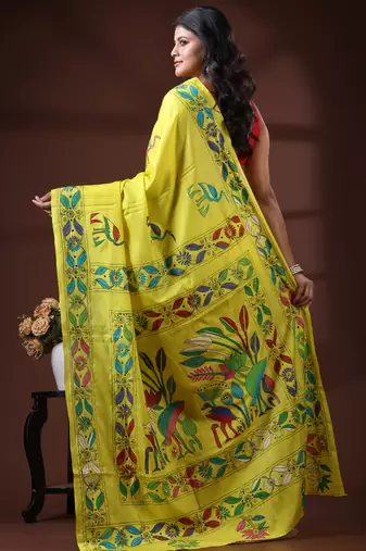 Yellow silk blend kantha saree with hand-embroidered nakshi pallu