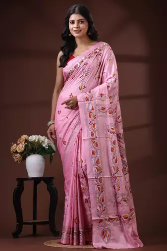 Pastel pink silk blend kantha saree with hand-embroidered fish & vine nakshi pallu