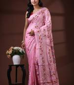 Pastel pink silk blend kantha saree with hand-embroidered fish & vine nakshi pallu