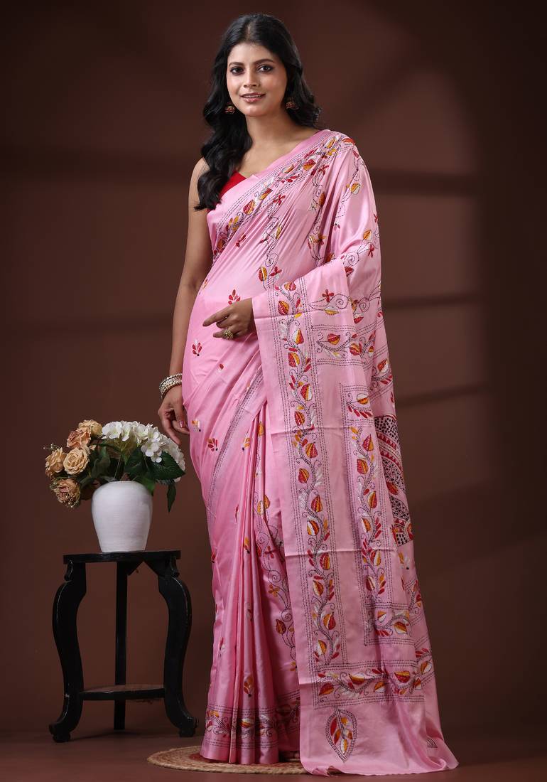 Pastel pink silk blend kantha saree with hand-embroidered fish & vine nakshi pallu