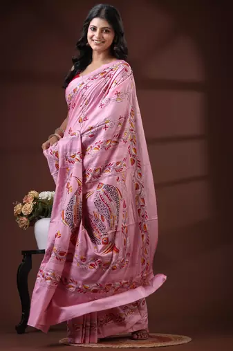 Pastel pink silk blend kantha saree with hand-embroidered fish & vine nakshi pallu