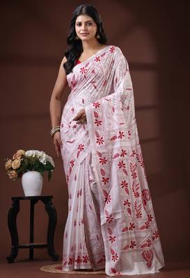 Pristine white silk blend kantha saree with red floral & paisley nakshi work 1