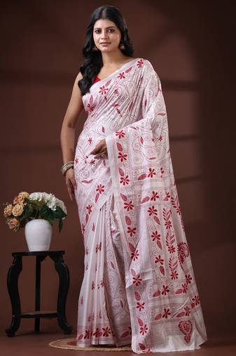 Pristine white silk blend kantha saree with red floral & paisley nakshi work