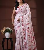 Pristine white silk blend kantha saree with red floral & paisley nakshi work