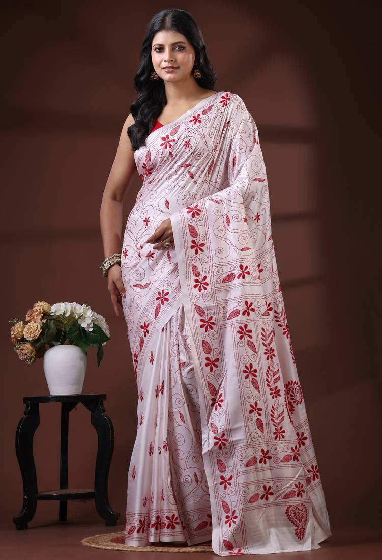 Pristine white silk blend kantha saree with red floral & paisley nakshi work