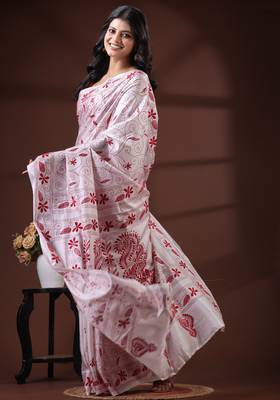 Pristine white silk blend kantha saree with red floral & paisley nakshi work 2