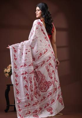 Pristine white silk blend kantha saree with red floral & paisley nakshi work 3