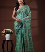 Seafoam green silk blend kantha saree with multicolored floral vine nakshi pallu