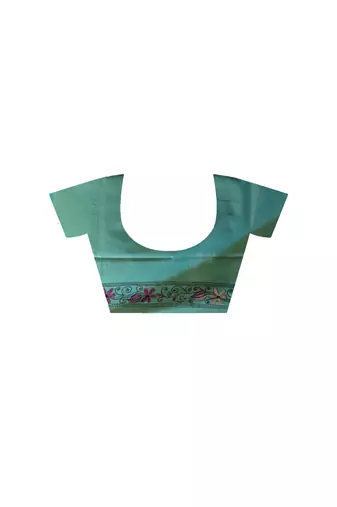 Seafoam green silk blend kantha saree with multicolored floral vine nakshi pallu
