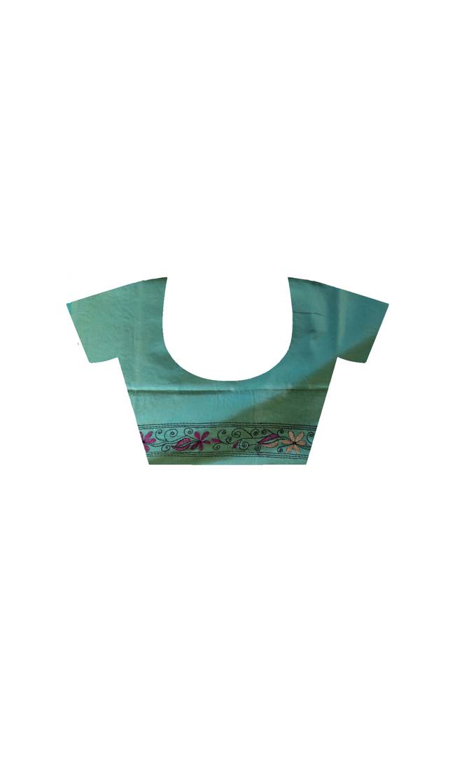 Seafoam green silk blend kantha saree with multicolored floral vine nakshi pallu