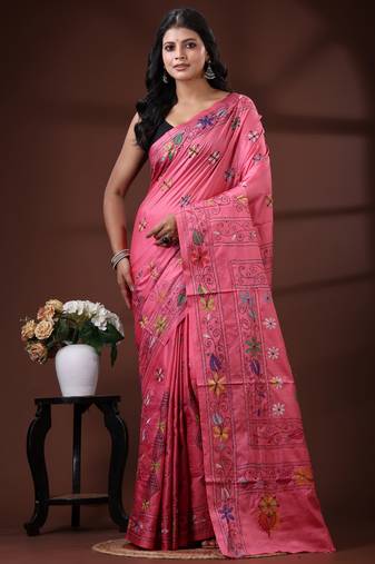 Deep rose pink silk blend kantha saree with multicolored floral buti & vine nakshi pallu