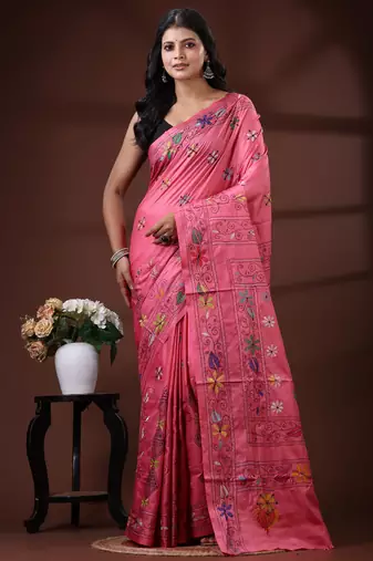 Deep rose pink silk blend kantha saree with multicolored floral buti & vine nakshi pallu