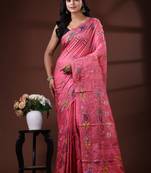 Deep rose pink silk blend kantha saree with multicolored floral buti & vine nakshi pallu