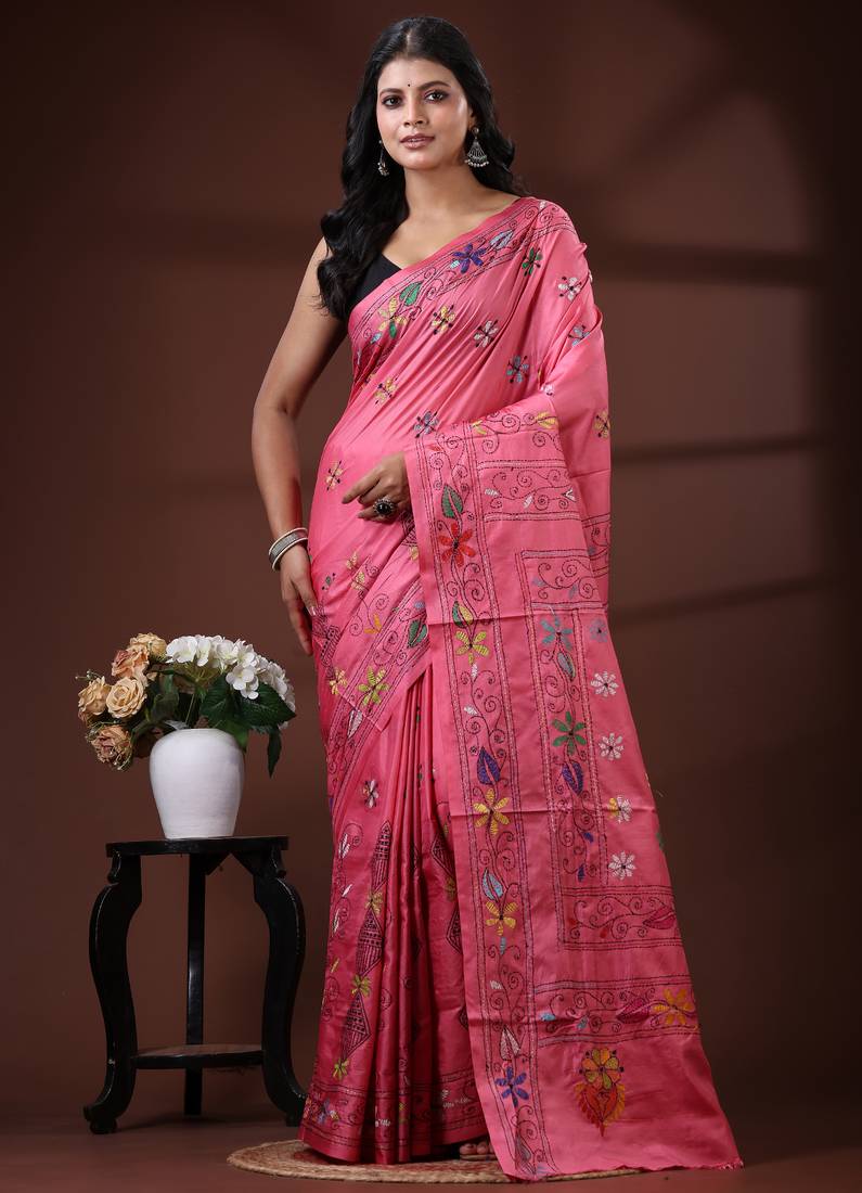 Deep rose pink silk blend kantha saree with multicolored floral buti & vine nakshi pallu