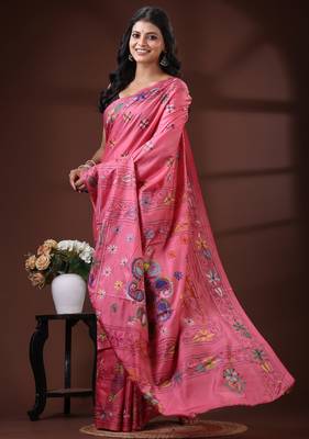 Deep rose pink silk blend kantha saree with multicolored floral buti & vine nakshi pallu 2