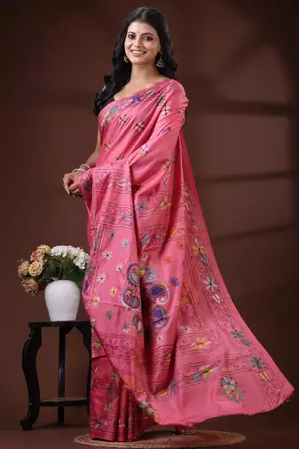 Deep rose pink silk blend kantha saree with multicolored floral buti & vine nakshi pallu