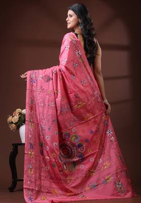 Deep rose pink silk blend kantha saree with multicolored floral buti & vine nakshi pallu 3