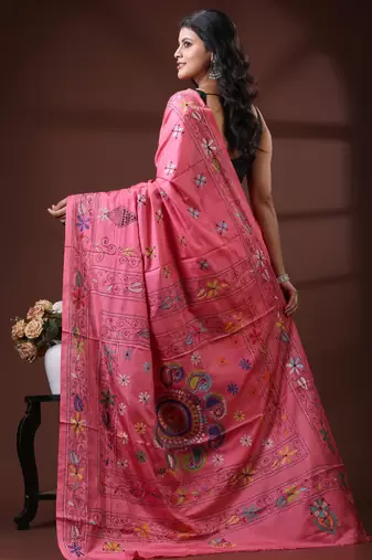 Deep rose pink silk blend kantha saree with multicolored floral buti & vine nakshi pallu