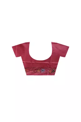 Deep rose pink silk blend kantha saree with multicolored floral buti & vine nakshi pallu