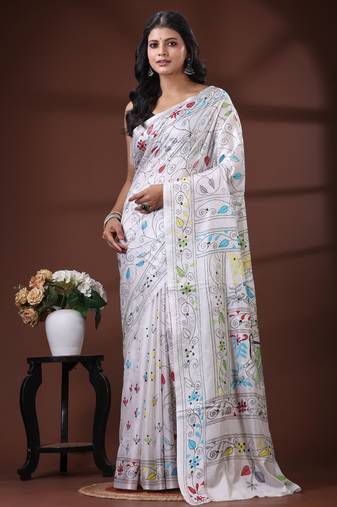 Deep rose pink silk blend kantha saree with multicolored floral buti & vine nakshi pallu
