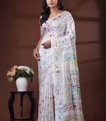 Deep rose pink silk blend kantha saree with multicolored floral buti & vine nakshi pallu
