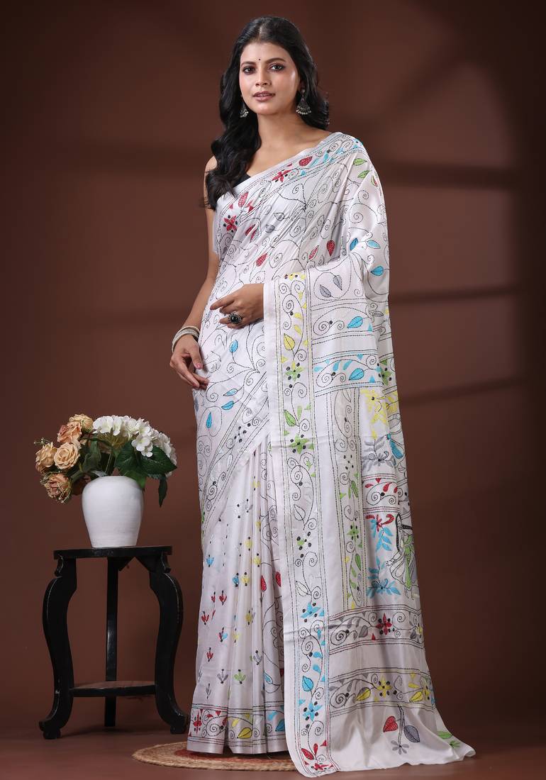 Deep rose pink silk blend kantha saree with multicolored floral buti & vine nakshi pallu