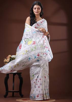 Deep rose pink silk blend kantha saree with multicolored floral buti & vine nakshi pallu 2