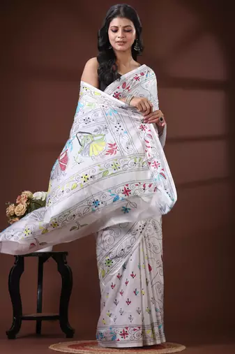 Deep rose pink silk blend kantha saree with multicolored floral buti & vine nakshi pallu