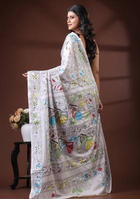 Deep rose pink silk blend kantha saree with multicolored floral buti & vine nakshi pallu 3