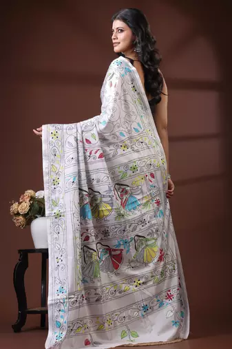 Deep rose pink silk blend kantha saree with multicolored floral buti & vine nakshi pallu