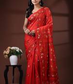 Vibrant red silk blend kantha saree with hand-embroidered peacock nakshi pallu