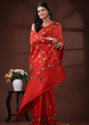 Vibrant red silk blend kantha saree with hand-embroidered peacock nakshi pallu 2