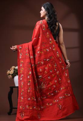 Vibrant red silk blend kantha saree with hand-embroidered peacock nakshi pallu 3