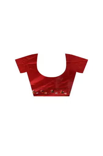 Vibrant red silk blend kantha saree with hand-embroidered peacock nakshi pallu