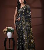 Midnight black silk blend kantha saree with golden-yellow floral & paisley nakshi pallu