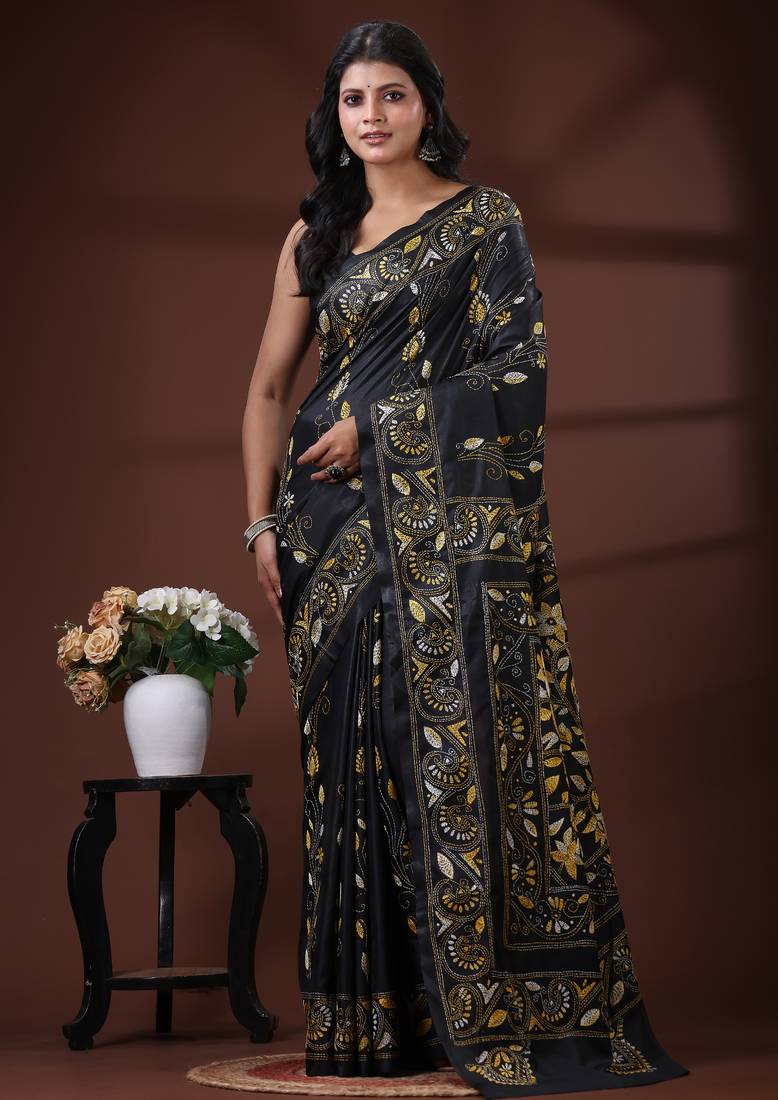 Midnight black silk blend kantha saree with golden-yellow floral & paisley nakshi pallu