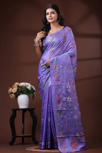 Lavender purple silk blend kantha saree with intricate mandala nakshi pallu
