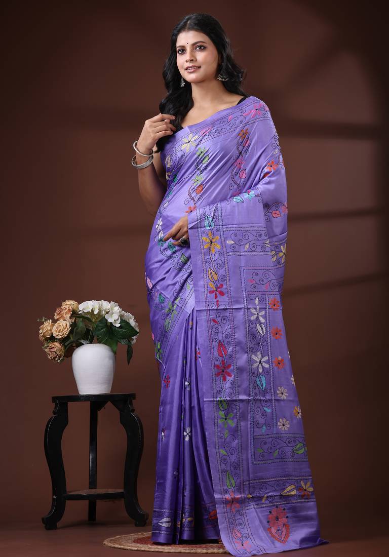 Lavender purple silk blend kantha saree with intricate mandala nakshi pallu