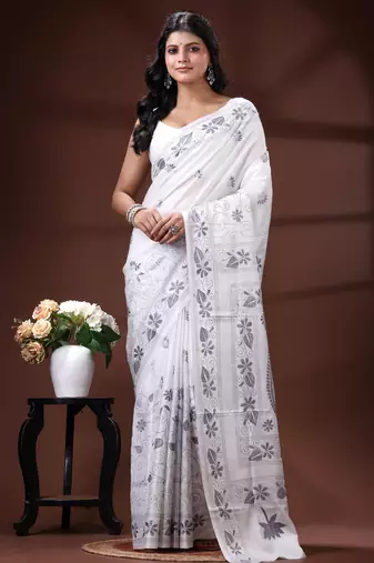 Pristine white silk blend kantha saree with fish motif & floral embroidery design