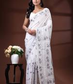 Pristine white silk blend kantha saree with fish motif & floral embroidery design
