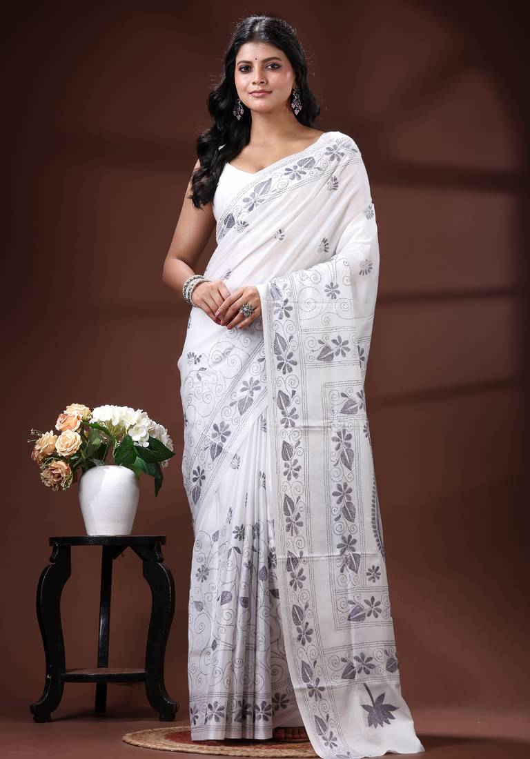 Pristine white silk blend kantha saree with fish motif & floral embroidery design