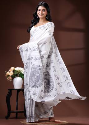 Pristine white silk blend kantha saree with fish motif & floral embroidery design 2