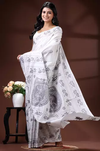 Pristine white silk blend kantha saree with fish motif & floral embroidery design