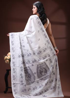 Pristine white silk blend kantha saree with fish motif & floral embroidery design 3
