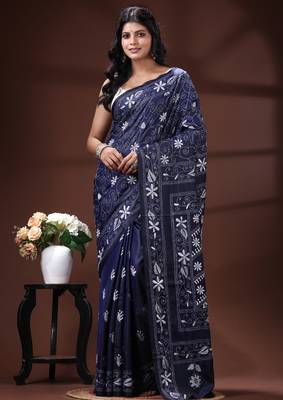Navy blue silk blend kantha saree with white floral vine nakshi pallu 1