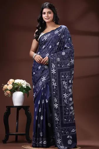 Navy blue silk blend kantha saree with white floral vine nakshi pallu
