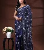 Navy blue silk blend kantha saree with white floral vine nakshi pallu